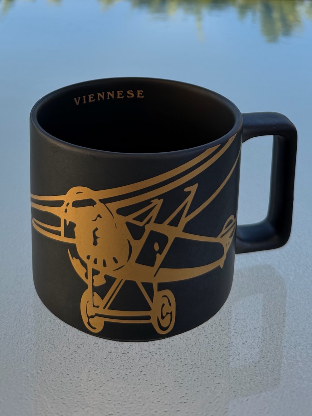 STARBUCKS 2016 Matte Black and Gold VIENNESE Vintage Airplane Design 14 Oz. Mug